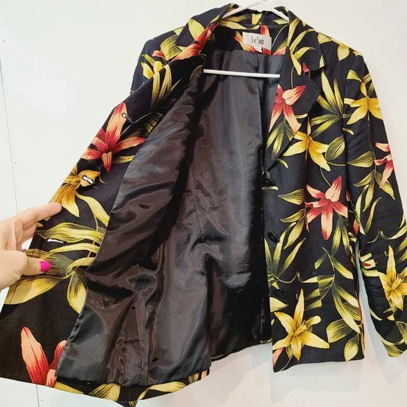 Le Suit Suit Coat Blazer Jacket Black Red Yellow Floral Linen Blend Womens 10 - Picture 2 of 7